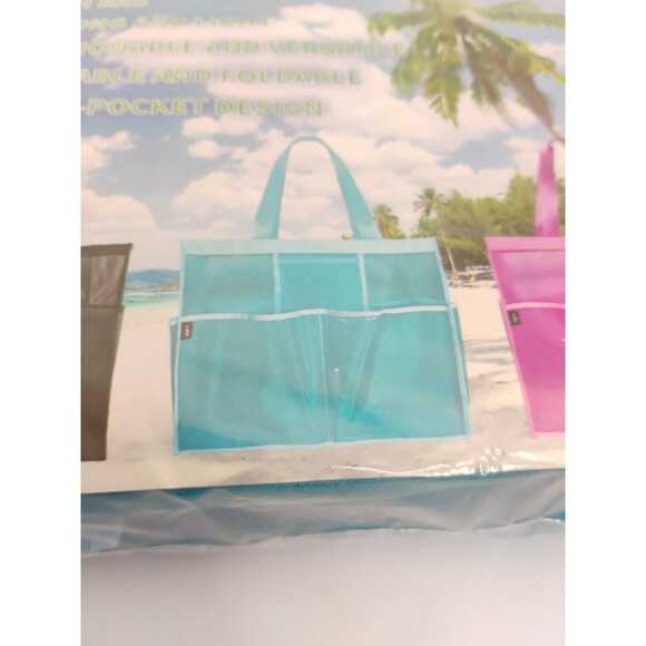 Mesh beach bag 6 pockets sand proof Blue gym Tote Bag Large - Picture 2 of 9